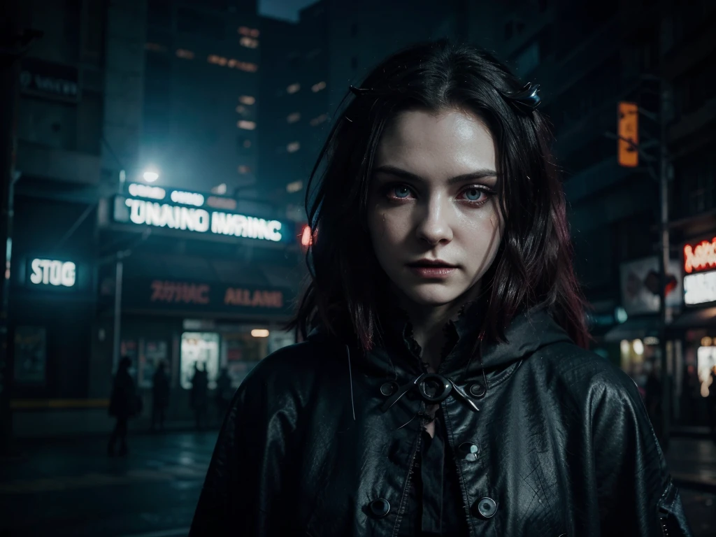 A luminous dystopian vampire in a digital anime, glowing with radiant menace against a backdrop of neon cityscape. The subject is a vampire, depicted in a digital painting. Their pale skin shimmers with an otherworldly glow, showcasing intricate cybernetic enhancements seamlessly blending with ancient fangs. Piercing crimson eyes gleam with hunger beneath a jagged crown of twisted metal, a stark contrast to their tattered cloak billowing in the digital wind. The image exudes an eerie beauty, capturing the essence of a dark future where the line between man and machine is blurred.