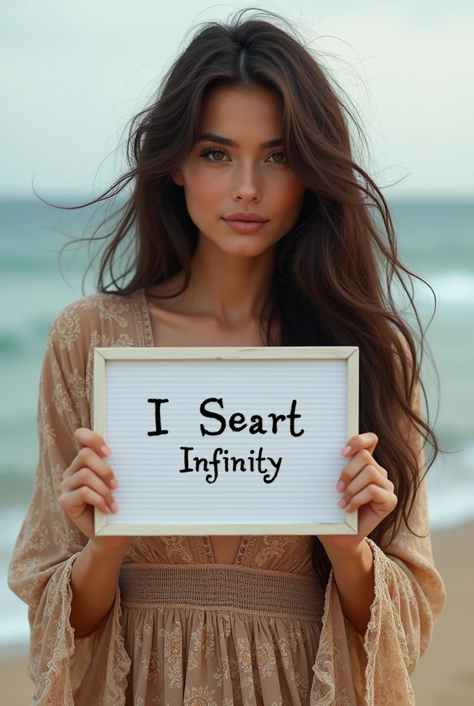 Beautiful girl with wavy long hair, bohemian dress, holding a white board with text "I Love Seaart Infinity" and showing it to the viewer