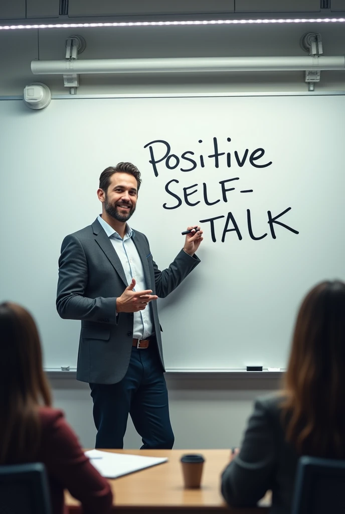 [Scene: Host in front of a whiteboard, writing "Positive Self-Talk"]