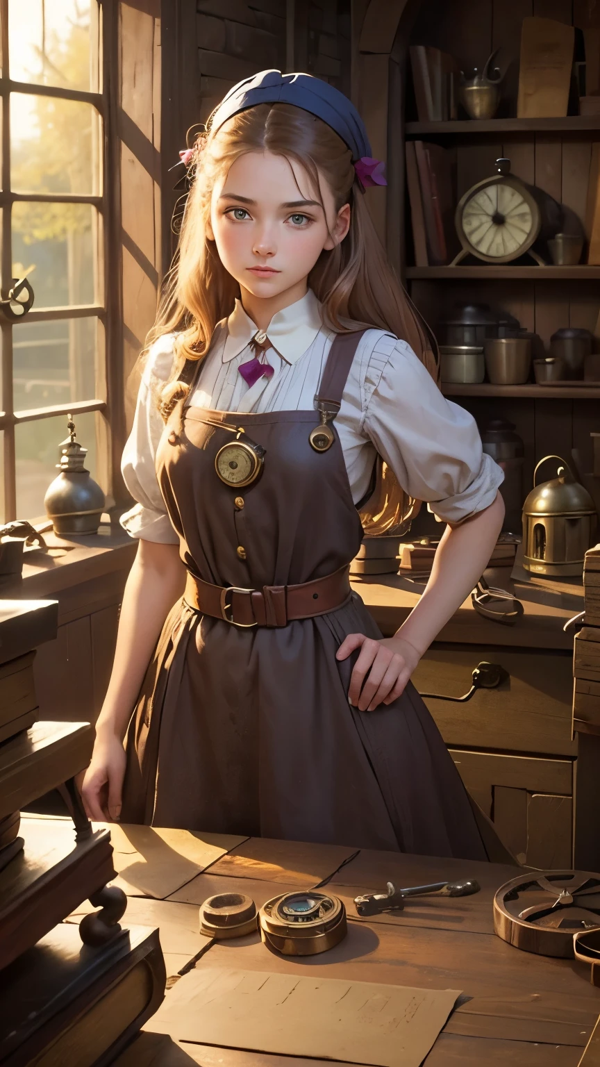 a pretty 19 year old girl and A quaint, magical clockmaker's workshop