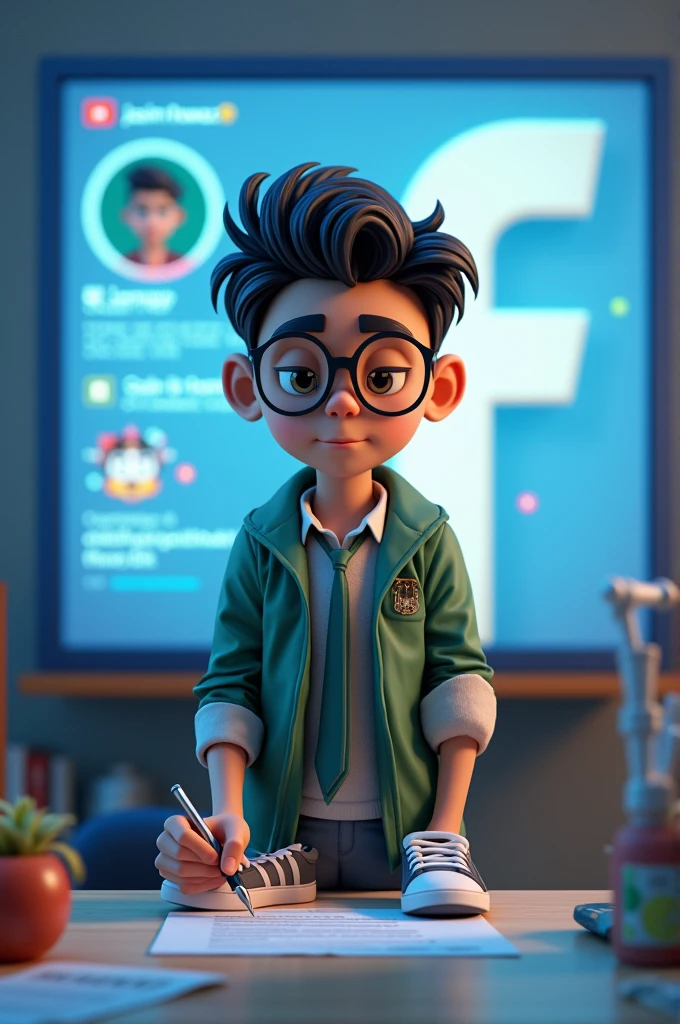 PROMPT 2 👇
Create a 3D illustration featuring a realistic 18 year-old beautiful young boy busy to writing a coding on a chair in front of a 3d logo of Facebook.' The character should have green and white pant coat tie ,with Sneakers shoes, with glasses,The background of the image should showcase a social media profile page and the username "Jasim Nawaz.B' and a matching profile picture and modify it