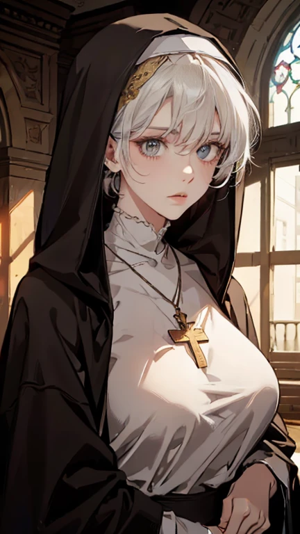 A 19-year-old girl with short white hair, bangs, and golden eyes. She wears a black cross necklace and is wearing a nun's robe. And has an emotionless and Has a beautiful face And have a little bit big breasts.
