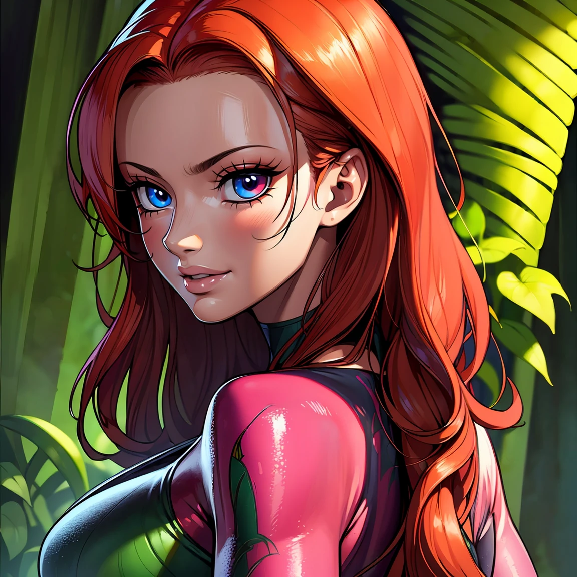 (8k, RAW photo, best quality, masterpiece:1.2), (intricate details), (best quality), (highres), ((perfect eyes)), perfect face, perfect lighting, vivid colors, intense colors, 1girl, cartoon style, poisonivy, solo, full body