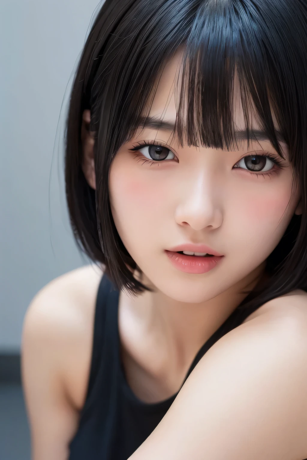 ((Bust up shot:1.6))、One Woman、whole body、Standing front,Beautiful legs、1 photo、((Flat and small breasts:1.7))、((Sensual look:1.8))、((Photo of your ID:1.4))、((Apply beautiful makeup:1.7))、((A pale cherry color for moisturized lips:1.5))、((Girl in white strapless negligee:1.5))、((No underwear:1.5))、Natural Shading、((Watery eyes:1.3))、(K-POPアイドル)、Serene and goddess-like beauty、((Slightly parted lips:1.3))、Natural Shading、((((Beautiful short bob cut brown hair:1.5))))、((Chestnut-haired Japanese woman)))、(Representation of Yin and Yang:1.5)、masterpiece, Highest quality, 8k, high resolution, (whole body:1.4), Beautiful girls, Beautiful Face, Looking at the audience, Surreal, High resolution, Sharp focus, High resolution, フェイスLight, Dynamic Lighting, Light, Professional Shadow, Simple Background, (Dull grey background:1.4), Highest detail, Very detailed, Very detailedな, In detail, Real Skin, Delicate facial features, Detailed face and eyes, Sharp pupils、
