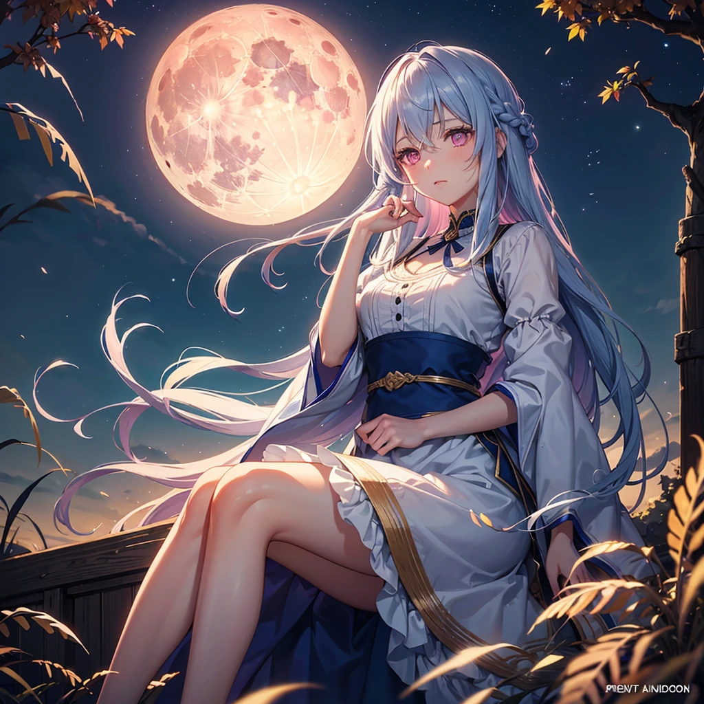 (Sky blue braided medium length hair), (Pink eyes),(Fair skin)  ,(whole body),(One Girl),(harvest moon),(Miscanthus sinensis in the background),autumn,(full moon),(masterpiece, Highest quality, Very detailed, Best Shadow), (Detailed Background), (Beautifully detailed face), High Contrast, (Best lighting, Very delicate and beautiful), ((Cinematic Light)), Hyper Detail,8k, Dramatic Light, 