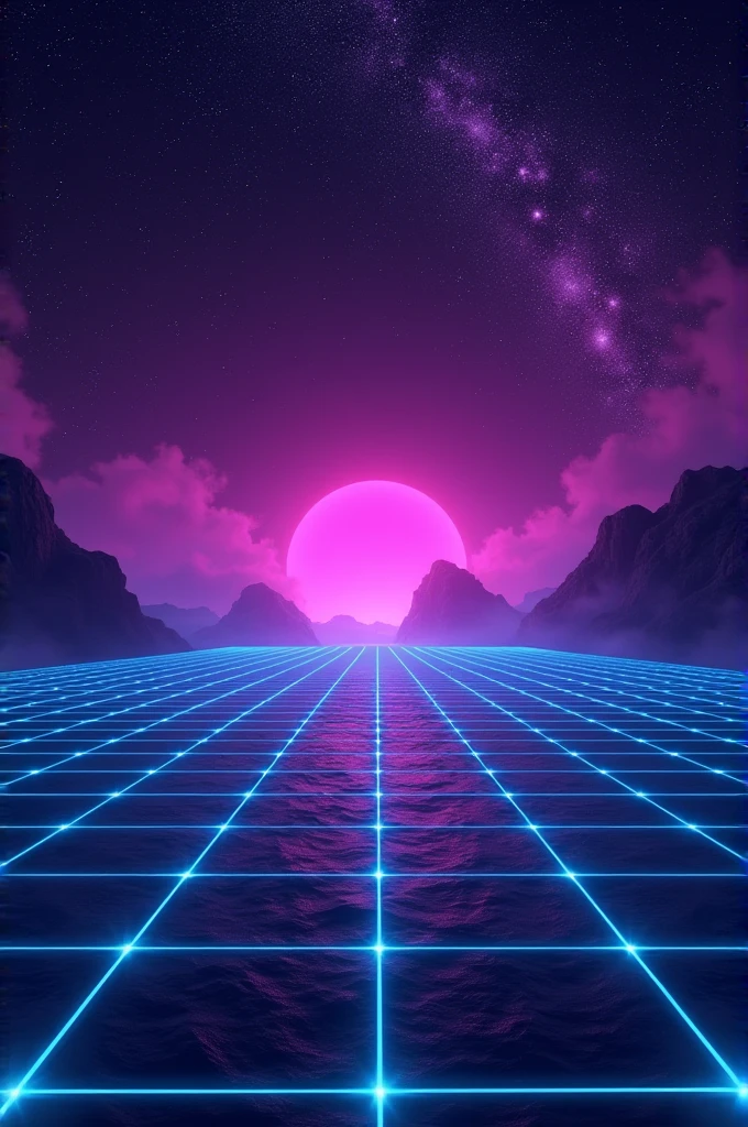Synthwave background dark purple retro futuristic backdrop with blue perspective grid and sky full of stars
