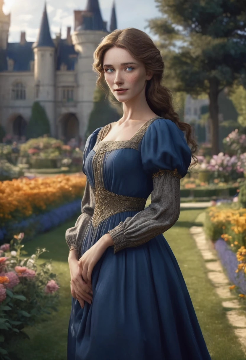1 woman, with royal flower garden in the background, wearing an elegant medieval blue dress with puffed sleeves, detailed facial features, feminine blue-gray eyes, freckles on her face, detailed fair skin, loose golden brown hair, dramatic lighting, cinematic composition, dark palette, dark colors, atmospheric haze, thin chin, thin face, thin body, soft face, thin and beautiful woman, adult woman, ultra realistic, profile picture, adult woman (best quality, 4K, 8K, high resolution, art: 1.2), ultra detailed (realistic, photorealistic, photorealistic: 1.37)