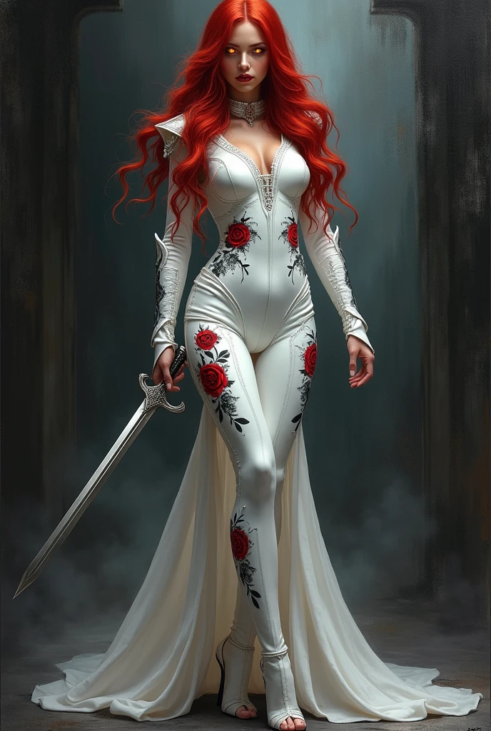 Arafed, action shot, Dark fantasy art, fantasy art, fantasy goth art, an oil painting art of a female vampire, exquisite beauty, full body shot, dark glamour shot, pale white skin, red hair, long hair, wavy hair, dynamic eyes color eyes, glowing eyes, she wears a ((white: 1.3)) white tight suit, Armored Dress, she holds a sword in hand, (ready for battle: 1.4) , ((black: 1.5)) red roses are imprinted on the suit, high heels, dark castle, dark, black and color, Dark Art Painting Style, flower dress, dark novel, flower dress
