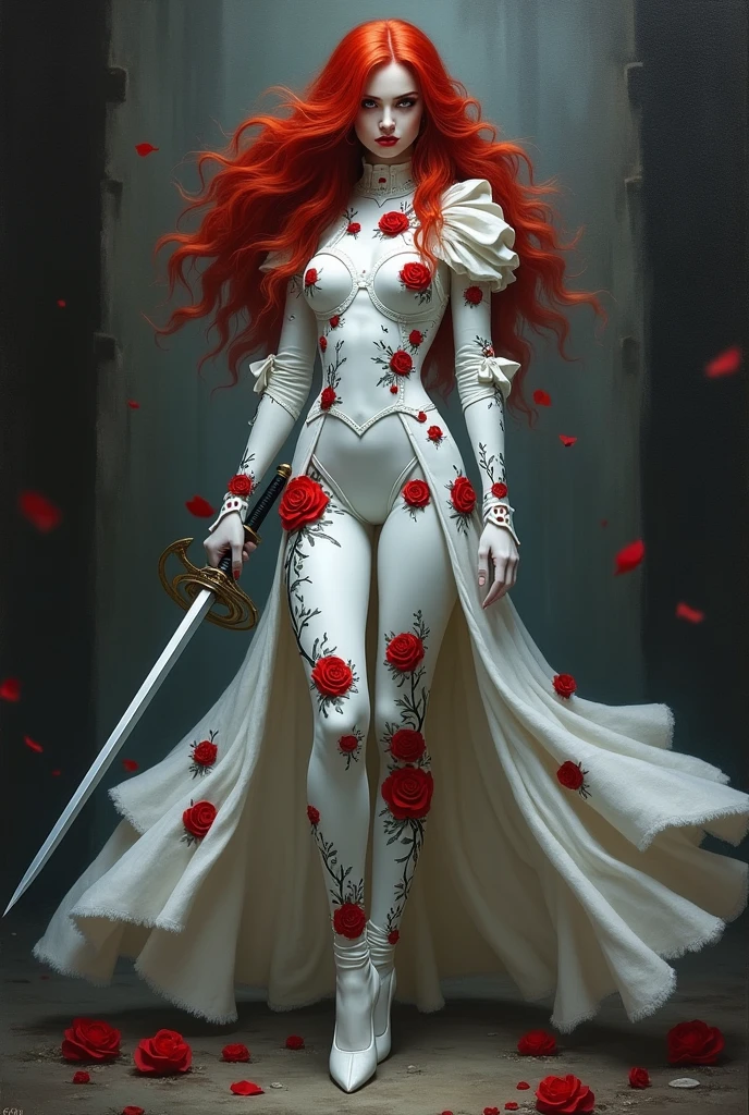 Arafed, action shot, Dark fantasy art, fantasy art, fantasy goth art, an oil painting art of a female vampire, exquisite beauty, full body shot, dark glamour shot, pale white skin, red hair, long hair, wavy hair, dynamic eyes color eyes, glowing eyes, she wears a ((white: 1.3)) white tight suit, Armored Dress, she holds a sword in hand, (ready for battle: 1.4) , ((black: 1.5)) red roses are imprinted on the suit, high heels, dark castle, dark, black and color, Dark Art Painting Style, flower dress, dark novel, flower dress