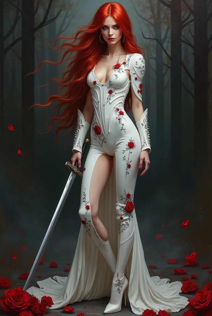Arafed, action shot, Dark fantasy art, fantasy art, fantasy goth art, an oil painting art of a female vampire, exquisite beauty, full body shot, dark glamour shot, pale white skin, red hair, long hair, wavy hair, dynamic eyes color eyes, glowing eyes, she wears a ((white: 1.3)) white tight suit, Armored Dress, she holds a sword in hand, (ready for battle: 1.4) , ((black: 1.5)) red roses are imprinted on the suit, high heels, dark castle, dark, black and color, Dark Art Painting Style, flower dress, dark novel, flower dress