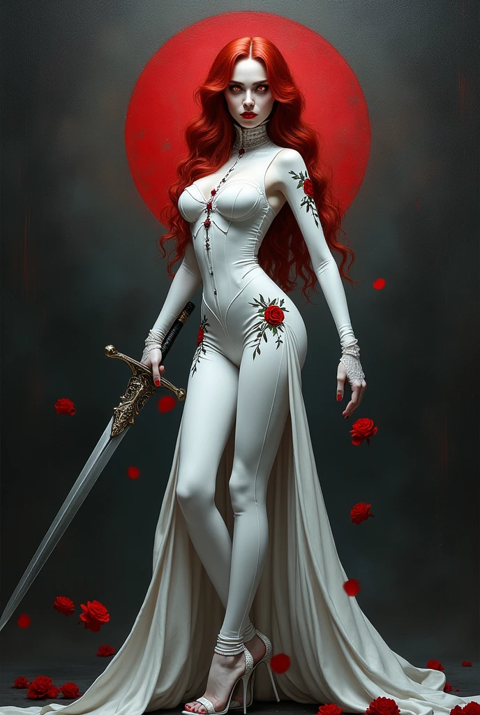 Arafed, action shot, Dark fantasy art, fantasy art, goth art, a picture of a female vampire, exquisite beauty, full body shot, dark glamour shot, pale white skin, red hair, long hair, wavy hair, dynamic eyes color eyes, glowing eyes, she wears a ((white: 1.3)) white tight suit, Armored Dress, she holds a sword in hand, (ready for battle: 1.4) , ((black: 1.5)) red roses are imprinted on the suit, high heels, dark castle, dark, black and color, Dark Art Painting Style, flower dress, dark novel, flower dress