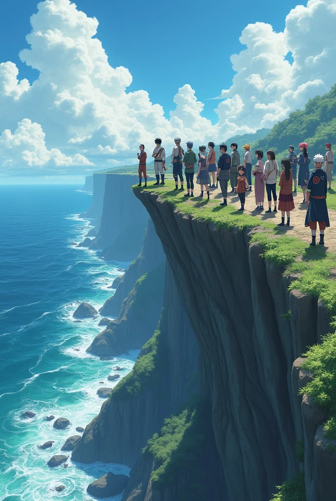 Create a photo in which Naruto all famous characters are
standing randomly front pose at the top of the Cliff and beneath is the sea