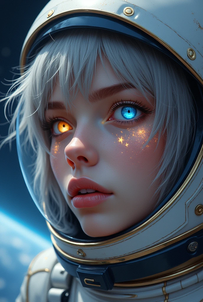 (Close-up of a better masterpiece:1.5)0.9], (Space and astronauts:1.2) (Messy silver hair:1.1) (Heterochromia xanthochromia and blue eyes:1.2) (Space Helmet:1.0) (Colored stars in the eyes:1.0) (A radiant glow:1.1) (thick lips:0.9)