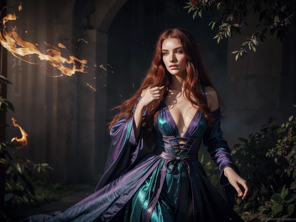 In a mesmerizing blend of mystique and sophistication, a beguiling wild mage looms amidst swirling ethereal energies and luxurious haute couture. This striking composition is a high fashion photograph, capturing the enigmatic figure in exquisite detail. The mage exudes an otherworldly aura, with cascading iridescent robes that seem to shimmer and shift with every movement. Their eyes gleam with ancient knowledge, framed by cascading locks of fiery crimson hair. The overall impression is one of enchantment and allure, inviting the viewer into a realm of unparalleled beauty and magic.