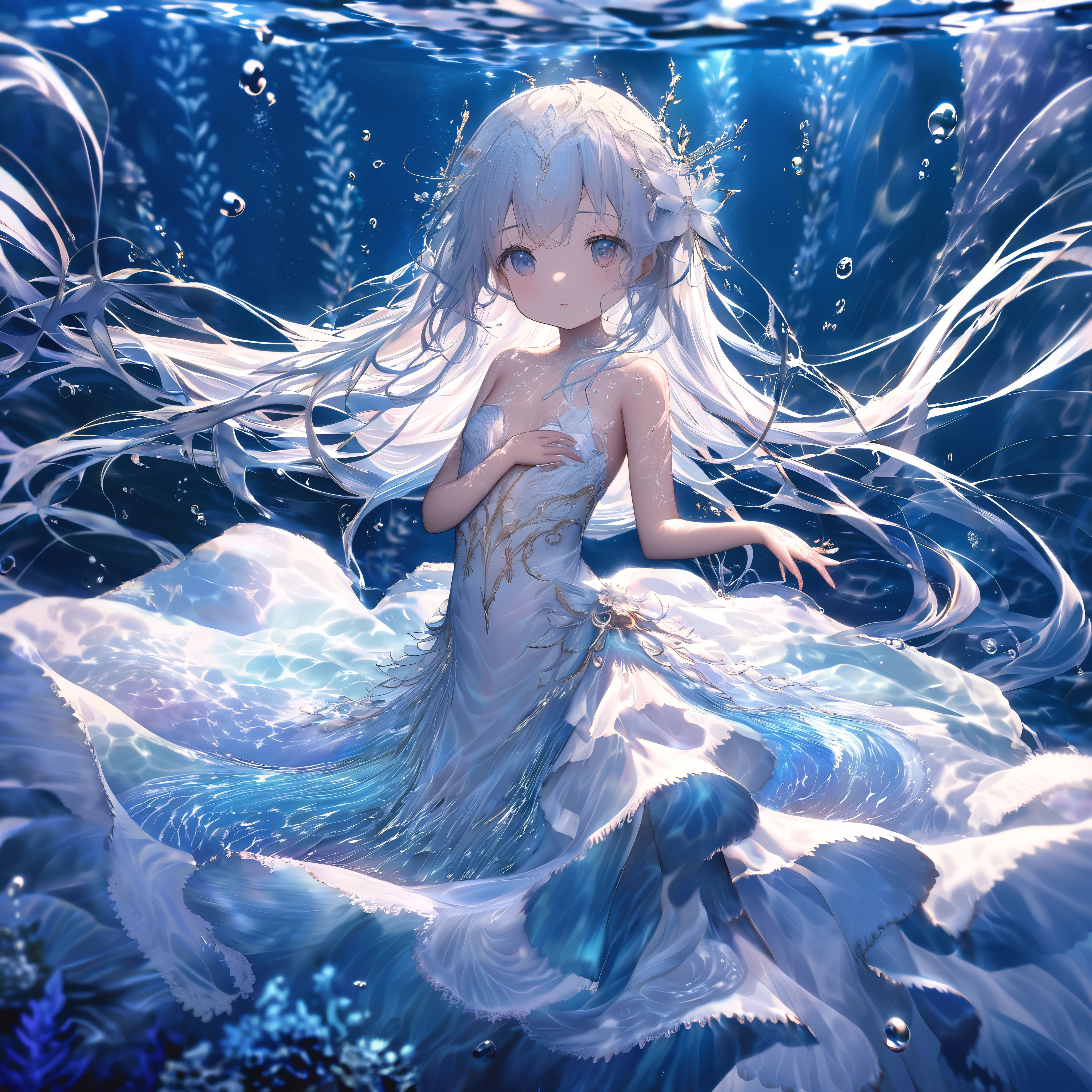 (full body), (solo), (A 7-year-old girl:1.2), (very young little girl), loli, (Solo), (small breast), (wide angle), raw photo, Aesthetic, Convoluted, Awarded, chiaroscuro, Best Quality, Detailed background, (underwater atmosphere:1.2), (underwater photo, floating drowning:1.1), ((Girl in very long white dress:1.2)), detailxl, As the petite girl descends into the depths of a serene, crystal-clear body of water, her grand white silk dress undergoes a transformation, becoming a part of the aquatic ballet that unfolds beneath the surface.
The silk, once light and airy, now takes on the weight of the water, its fibers absorbing the liquid, becoming heavier and more substantial. The dress clings to her body, revealing the contours of her form in a way that is both graceful and ethereal. The fabric, saturated and flowing, takes on the appearance of a second skin, a delicate shell that encapsulates her petite frame.
The lace that once danced in the breeze above now undulates with the currents of the water, its intricate patterns becoming a part of the underwater tapestry. The lacework, now submerged, seems to take on a life of its own, its delicate threads swaying and twisting with the gentle pull of the water, creating a mesmerizing dance of shadows and light.
The embroidery on the bodice, once a garden of flowers on solid ground, now appears as if it is blooming underwater. The threads, now wet, seem to glisten with a new vibrancy, the colors deepening and becoming more intense as they reflect the refracted light of the watery realm.
The ruffles and flounces of the gown, once a cascade of airy elegance, now ripple and sway with the motion of the water, creating a flowing effect that is both hypnotic and serene. The layers of tulle and silk, now heavy with water, move with a slow, deliberate grace, as if the dress itself were a part of the aquatic ecosystem.
The train of the dress, once a symbol of grandeur and poise, now trails behind her like a mermaid's tail, a sil
