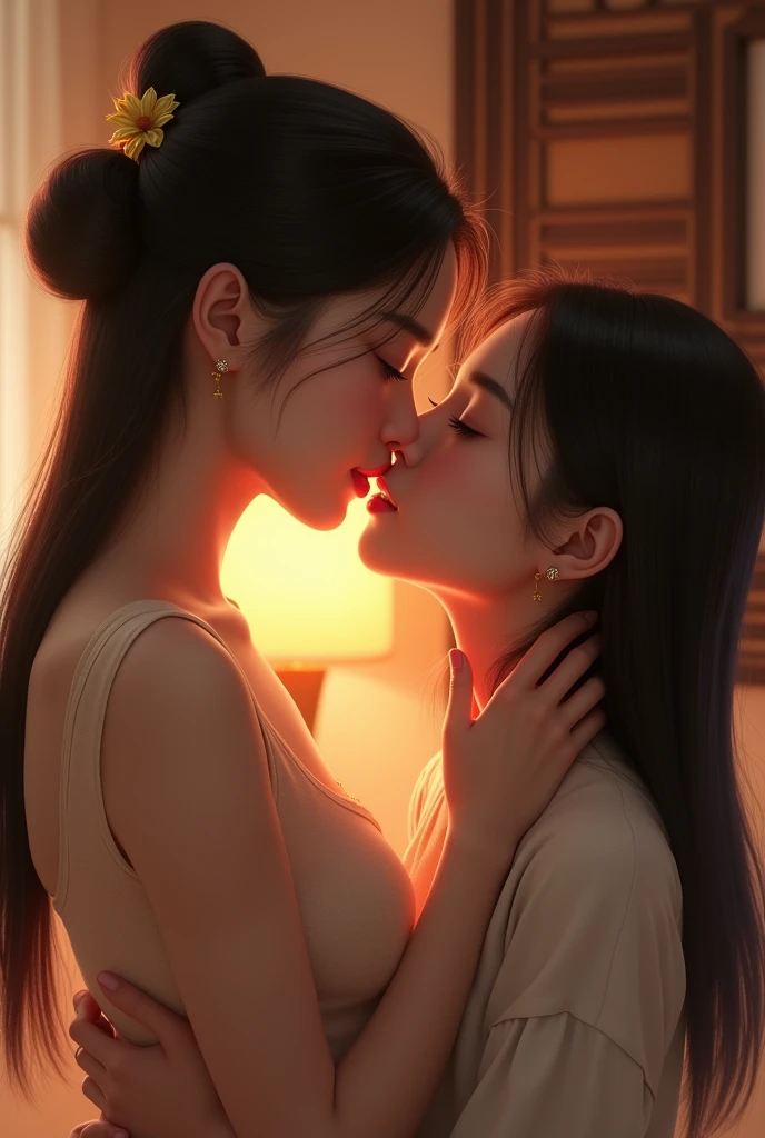 Elegant mature Japanese woman, Two beautiful Japanese women, Long eyelashes, Super long hair, Red lipstick, Pearl Necklace, Earrings, Dark eyeshadow, Large Breasts, Big Breasts, Cleavage, Full nudity, Completely naked, Sensual, Lesbian, Deep Kiss, Making love passionately,