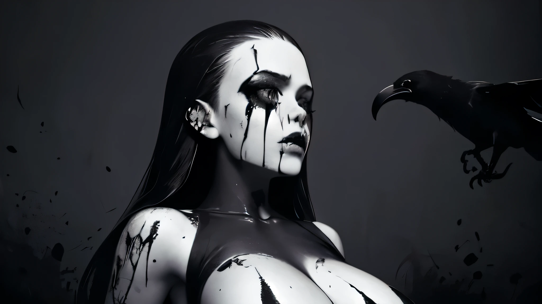 bs, solo, simple background, monochrome, upper body, greyscale, bodysuit, black background, 1other, monster, arms at sides, horror (theme) there is a large-breasted woman in the picture with her arms torn off and her face bleeding, ravens flying in the background, stocking, hot lingerie, big boobies, red paint splatted on it