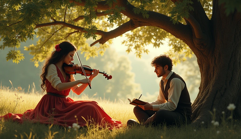 One fateful afternoon, Isabella's violin sang a tune that carried through the air, reaching Alessandro as he sat under an old oak tree, scribbling verses in his worn notebook. The music spoke to him,