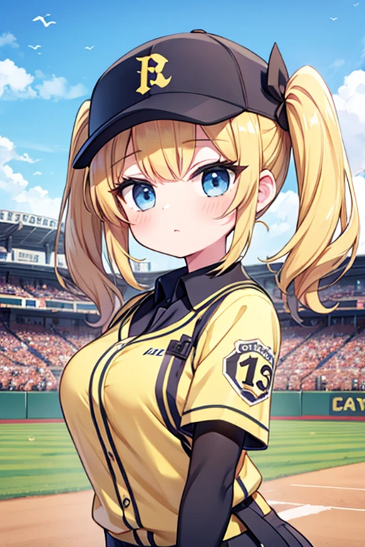 Highest quality,masterpiece,Blonde with blue eyes、Hanshin Tigers,uniform,Baseball player、Batterbox,Stand at bat,Cool batting form,Holding a wooden bat,,,(koshien BaseballStadium1.1),Beautiful breasts、Twin tails、Girl&#39;s cute eyes,under boob,enjoy,