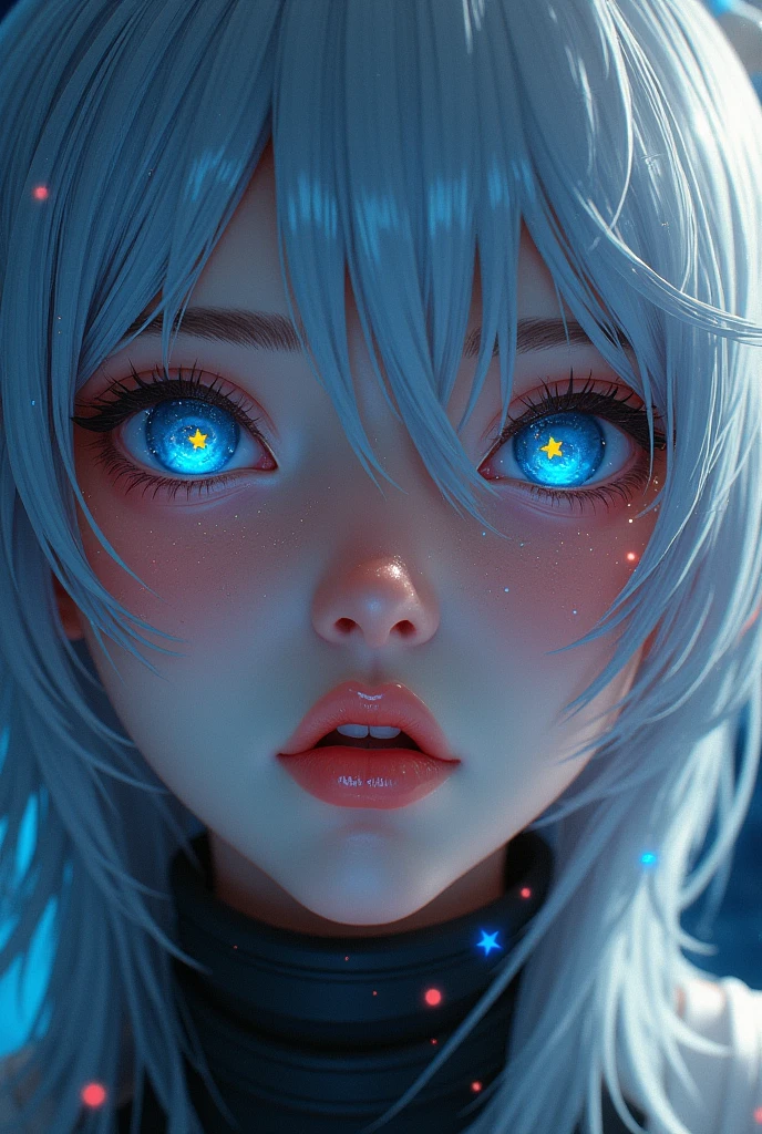 (Close-up of a better masterpiece:1.5)0.9], (Space and astronauts:1.2) (Messy silver hair:1.1) (Heterochromia xanthochromia and blue eyes:1.2) (Space Helmet:1.0) (Colored stars in the eyes:1.0) (A radiant glow:1.1) (thick lips:0.9)