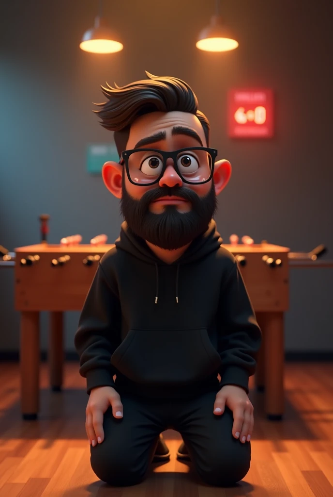 Create a Disney Pixar template image, of a 30 year old adult man crying sadly, full of tears, kneeling in front of a foosball table, with the result of 5x0. This man weighs 80 kilos, wears a black sweatshirt and black pants, black sneakers too. He wears glasses, has a big beard one finger high, with flaws in the cheeks, and he is bald with the type of baldness Androgenetic Alopecia, with straight hair