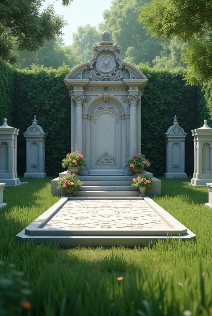 Multiple graves and highlight A large and beautiful grave in a cemetery with green grasses 