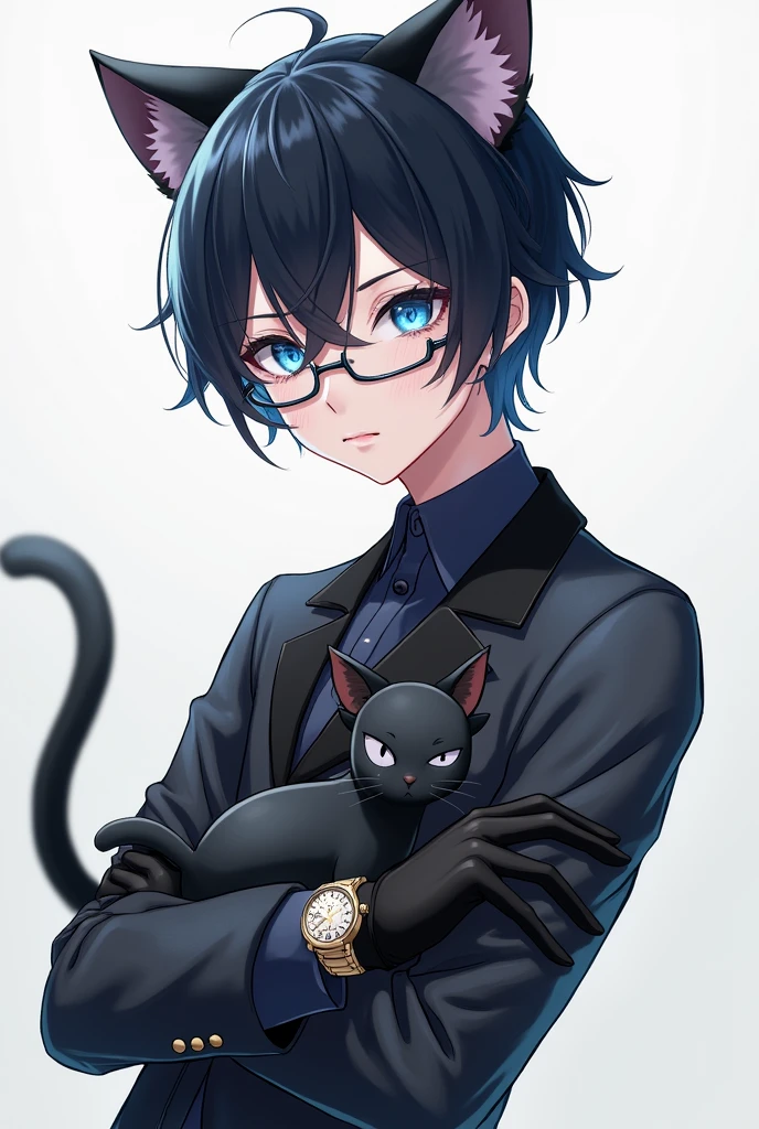 Male, 21 years old, Black hair, Scars, 3’2, Black gloves, icy blue eyes, feminine looking outfit, short hair, Sweet, kind, Watch on his left wrist, Black cat plush, femboy, glasses, cat ears and tail