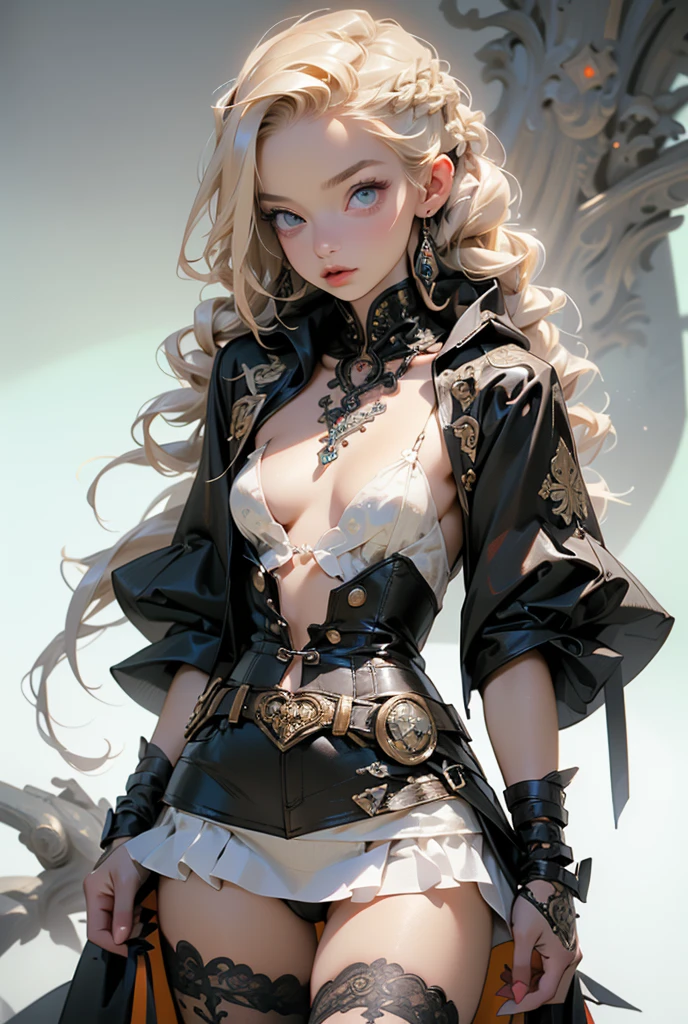 (((masterpiece, of the highest quality, super detailed))), 1girl, (big forhead:1.2),extremely detailed cute anime face, (((flat chest))), ((flat chest:1.1)),((((long twin braids,tight braids,long braid,braided hair,long hair)))), long hair, red hair, white hair, blonde hair, dark hair, ((ponytail, thick ponytail, heavy ponytail)), (a female knight of an occult order), (an occult saint), (combat pose), (ready for combat), (resolved expression), (resolute expression), (((a beautifully intricate ornate floating ritual sword))), Edwardian/Victorian era inspired, ((minimal but intricate beautiful armour)), ((Fluttering lace flared dress with frilly petticoats)), ((((Highly detailed face))), (((Very sharp focused eyes))), very long eyelashes, ((small breasts)), (((flat chest:1.1))), occult aesthetic, (red and white clothing detailed and intricate steampunk and detailed gothic), (with a hood), complex lace boots, (full body),