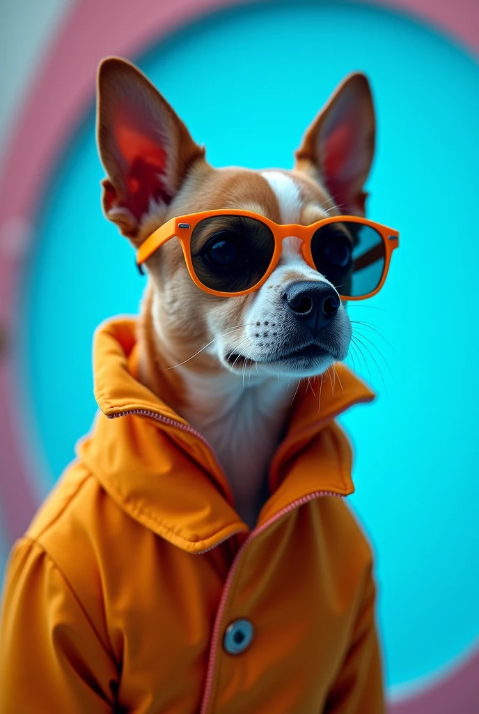 The best cell phone wallpaper, Award-Winning Wallpaper, portrait photography, In the front view is a portrait of a cute dog wearing mid-1960s space age fashion, Side view photo, Shot with Canon EOS R5, Set a strong contrast that accentuates the subject, Fluorescent blue tone, Wearing a very modern coat and sunglasses is a modern 1960s style, Clothes all in one color, beautiful background