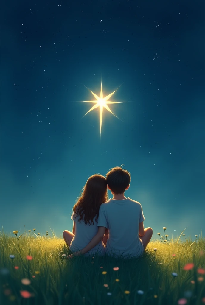 Star between two lovers sitting on grass