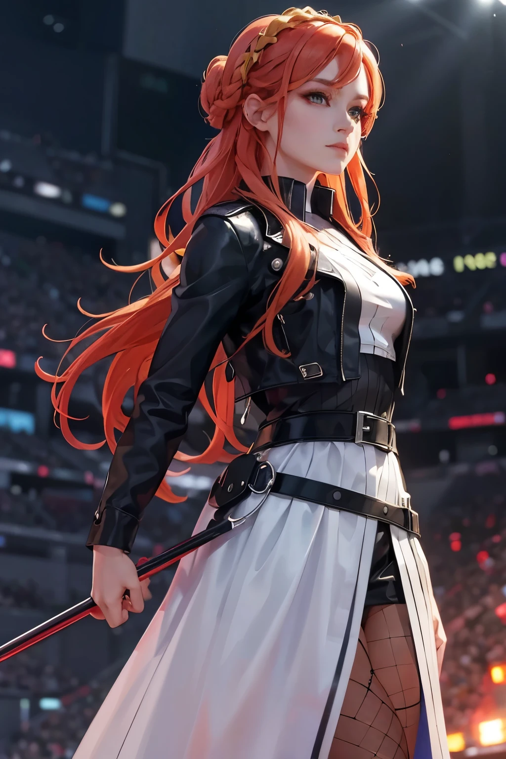 a slime girl with slime hair in double buns, wearing a white princess dress with a weapon belt, red hair color, (best quality, 4k, 8k, highres, masterpiece:1.2), ultra-detailed, (realistic, photorealistic, photo-realistic:1.37), detailed eyes, detailed lips, extremely detailed face, long eyelashes, portrait, fantasy, concept art, vibrant colors, dramatic lighting