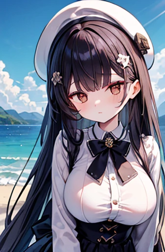 (masterpiece:1.3), (最high quality:1.3), (ultra-detailed), (high quality:1.3), (High resolution), beautiful_detailed_face, One Girl, alone, beret, Black Hair, Straight Long Hair, Hair Clip, Large Breasts, White collared shirt, Black underbust, White long skirt, Brown eyes, Beach