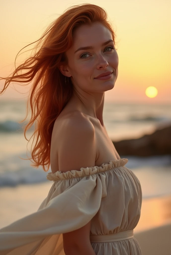 Portrait of the navel at the head of a red-haired French woman of 20 years, small build, dressed in an antique Roman dress drapped in ecru linen, on a beach, dynamic position, a hand in the hair, head tilted, seduction, charm, slight charming smile, sunset, cinematographic rendering, 32K, RAW
