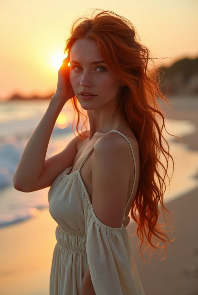 Portrait of the navel at the head of a red-haired French woman of 20 years, small build, dressed in an antique Roman dress drapped in ecru linen, on a beach, dynamic position, a hand in the hair, head tilted, seduction, charm, slight charming smile, sunset, cinematographic rendering, 32K, RAW