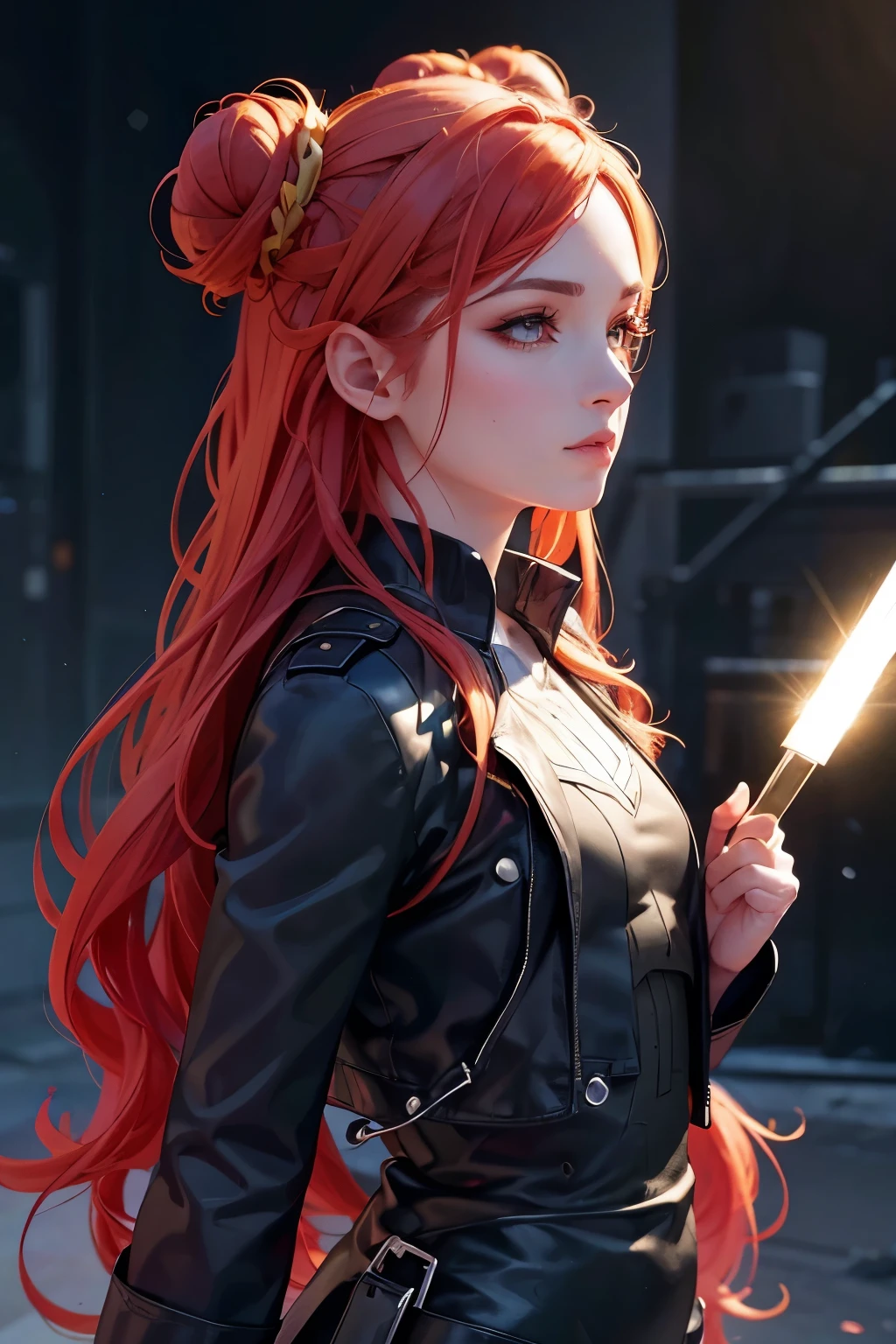 a slime girl with slime hair in double buns, wearing a white princess dress with a weapon belt, red hair color, (best quality, 4k, 8k, highres, masterpiece:1.2), ultra-detailed, (realistic, photorealistic, photo-realistic:1.37), detailed eyes, detailed lips, extremely detailed face, long eyelashes, portrait, fantasy, concept art, vibrant colors, dramatic lighting