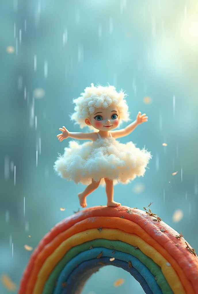 A whimsical miniatures figure, crafted from a vidrant medley of white cloud,assumesa lively dancing pose a top a worn,earthy rainbow surrounded by a lush sky scene a wash in the soft,misty glow of rain kissed white and blues,evoking a sense of mythical wonder and serenity