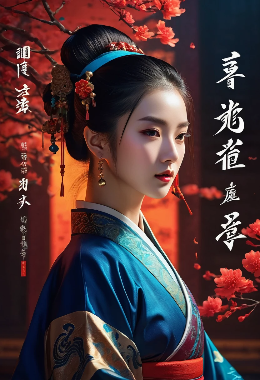 realistic detailed typography poster,1girl,hanfu,elegant,graceful,intricate calligraphy,ornate decorative text,abstract background,vibrant colors,dynamic composition,dramatic lighting,cinematic atmosphere,digital art,concept art,photorealistic,8k,high quality,masterpiece