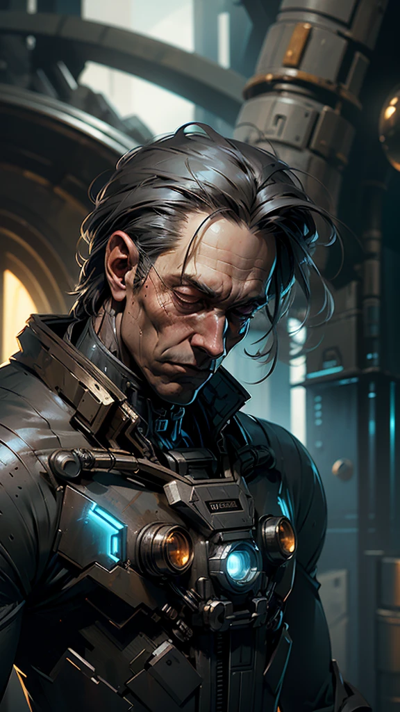 (1 person, old male:1.2), frail, gray eyes, gray hair, Low fade, Style - GravityMagic, portrait, alone, half shot, looking down, detailed background, detailed face, (corrosion, Entropy magic theme:1.1), space traveler, Wearing a stylish dark brown spacesuit, insignia, tech wear, Open your eyes wide and be amazed, Lost in space, dynamic pose, The final frontier, floating particles, Cybernetic Enhancement, With a comet in the background, Epic sci-fi atmosphere,