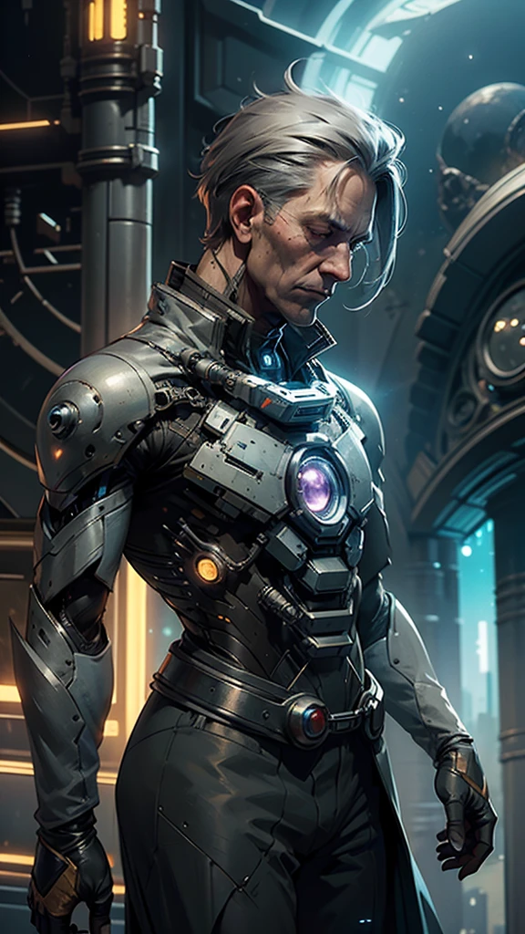 (1 person, old male:1.2), frail, gray eyes, gray hair, Low fade, Style - GravityMagic, portrait, alone, half shot, looking down, detailed background, detailed face, (corrosion, Entropy magic theme:1.1), space traveler, Wearing a stylish dark brown spacesuit, insignia, tech wear, Open your eyes wide and be amazed, Lost in space, dynamic pose, The final frontier, floating particles, Cybernetic Enhancement, With a comet in the background, Epic sci-fi atmosphere,