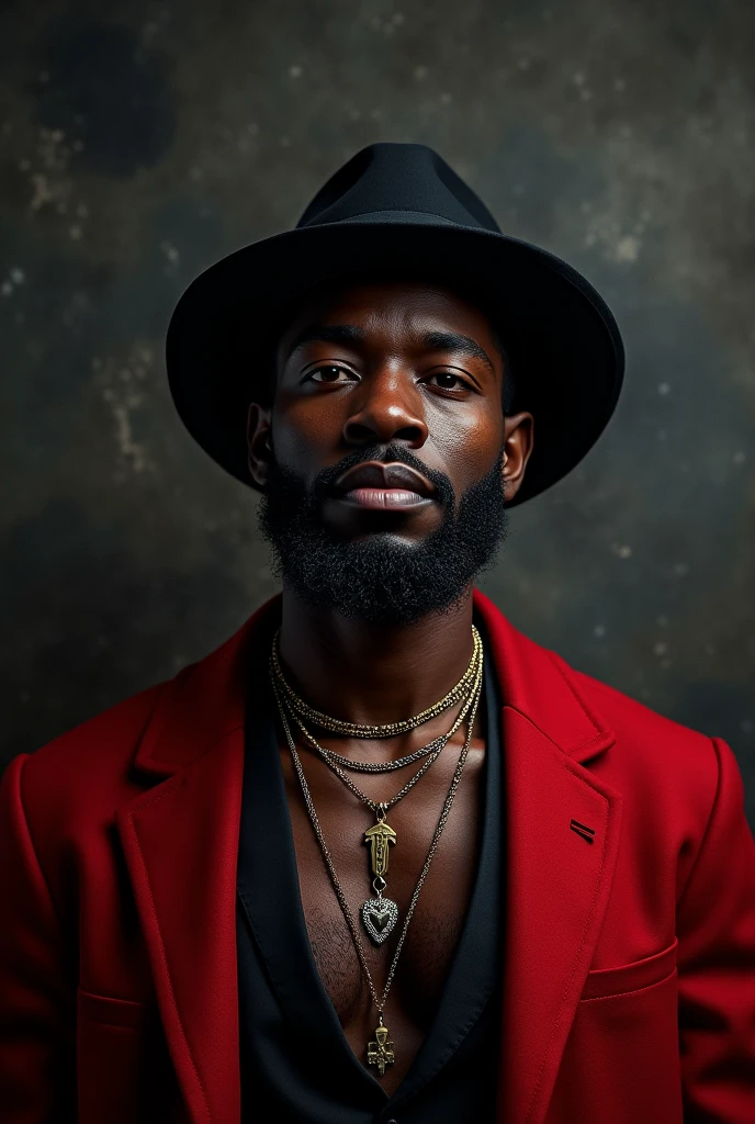 create black man, with a thin beard to shave, wearing a hat, wearing a red overcoat, Wearing necklaces, with dark background in stone texture