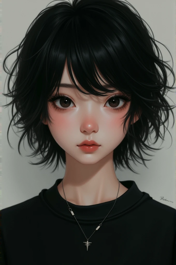 Girl with messy short black hair, with a mole on the cheek, black eyes and a black sweatshirt