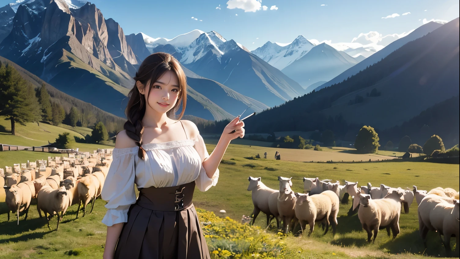(8k, RAW photo, best quality, masterpiece), (photorealistic), outstanding details, ultra-high resolution, anatomically correct, textured skin, (Extremely precise and accurate anatomy),
Ultra Detailed Face, Detailed Eyes,
look at viewer,
One girl, (whole body:1.4), (full body:1.4), (shepherd girl) , Cute Japanese girl , 20-year-old,
(light smile), (Mouth slightly open) , ( holding a Shepherd's Crook),
Side braids, Brown Hair,
curvy, beautiful breasts,
(Hilly pasture), many sheep, Beautiful mountains in the distance, grassland, wilderness,
Background blur, far and near method,
morning sun, (backlighting),
reflection light from below,
atmospheric perspective, depth of field,
(dramatic lighting), cinematic lighting,
Artistic, Baroque, Cinematography, Portrait Photography,