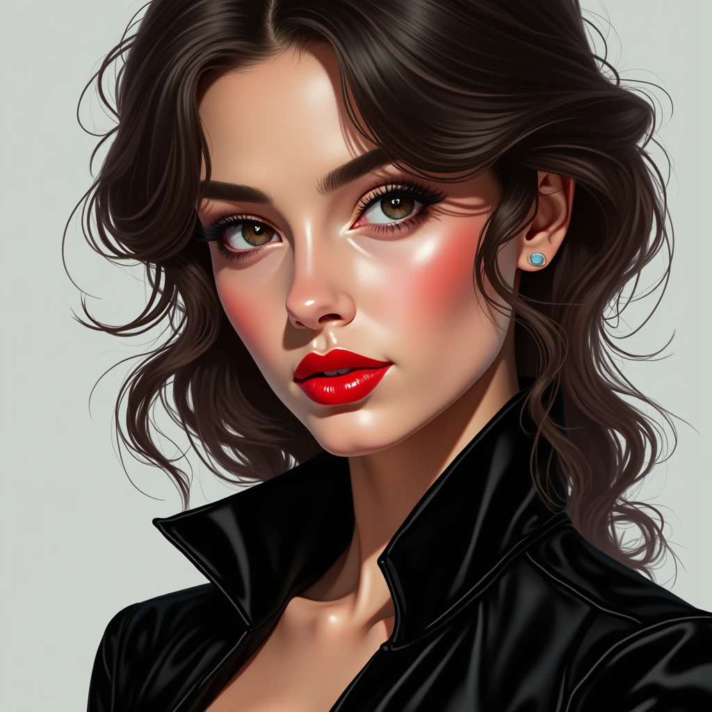 a close up of a woman with a black jacket and red lipstick, stunning digital illustration, glossy digital painting, exquisite digital illustration, martin ansin artwork portrait, detailed sensual face, gorgeous digital art, gorgeous digital painting, beautiful digital illustration, beautiful digital artwork, stunning digital art, beautiful gorgeous digital art, stunning digital painting, a beautiful artwork illustration