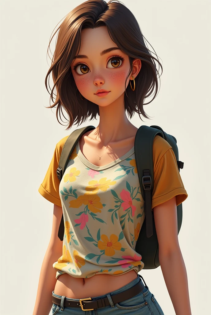 Create image of with brown hair brown eyes , medium straight hair thin, white and with freckles on her face, wearing shorts and a colorful t-shirt and a backpack on his back .