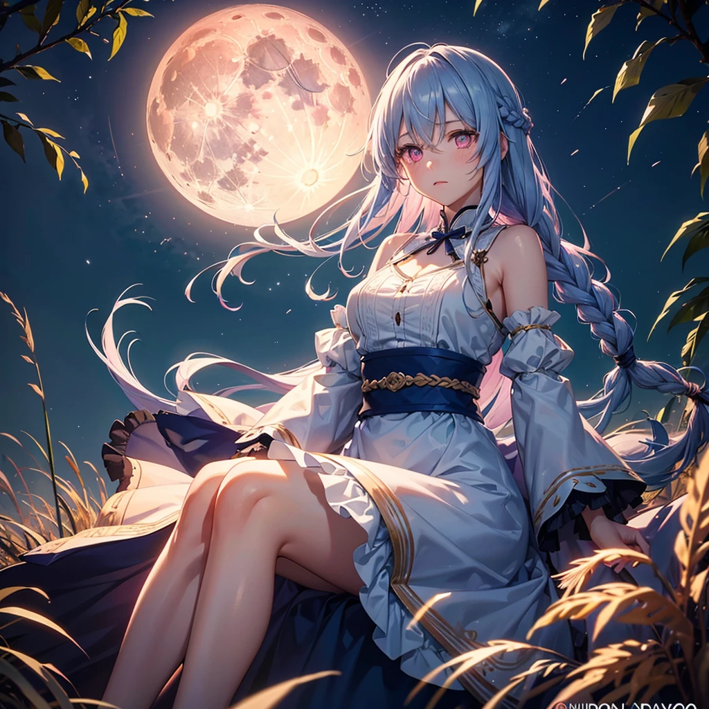 (Sky blue braided medium length hair), (Pink eyes),(Fair skin) ,(whole body),(One Girl),(harvest moon),(Miscanthus sinensis in the background),autumn,(full moon),(masterpiece, Highest quality, Very detailed, Best Shadow), (Detailed Background), (Beautifully detailed face), High Contrast, (Best lighting, Very delicate and beautiful), ((Cinematic Light)), Hyper Detail,8k, Dramatic Light,