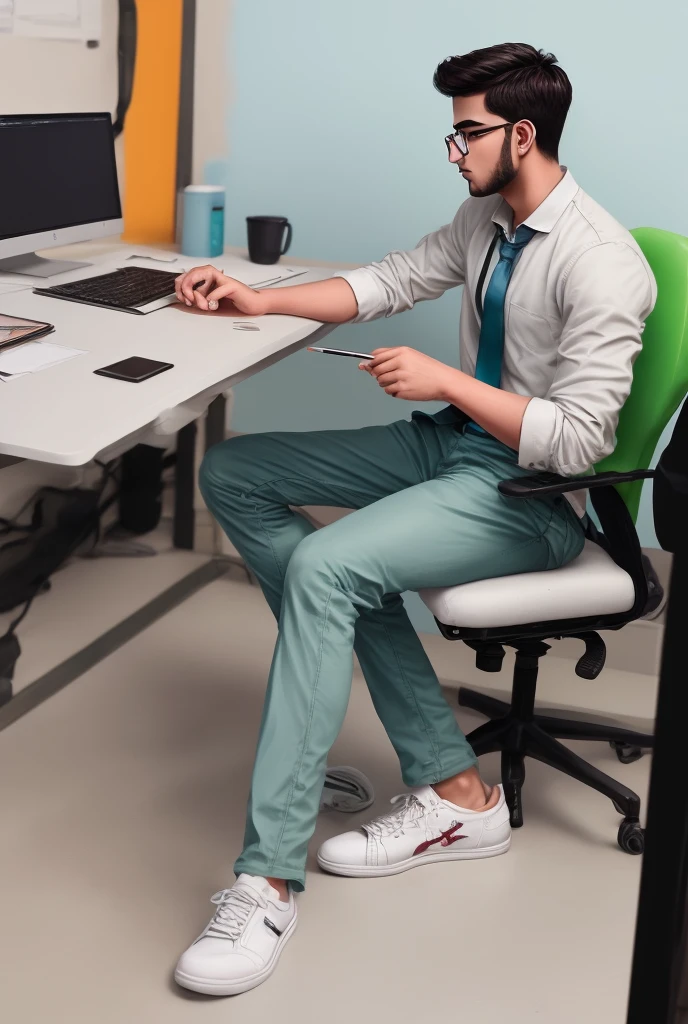 PROMPT 2 👇
Create a 3D illustration featuring a realistic 18 year-old beautiful young boy busy to writing a coding on a chair in front of a 3d logo of Facebook.' The character should have green and white pant coat tie ,with Sneakers shoes, with glasses,The background of the image should showcase a social media profile page and the username "Jasim Nawaz.B' and a matching profile picture and modify it