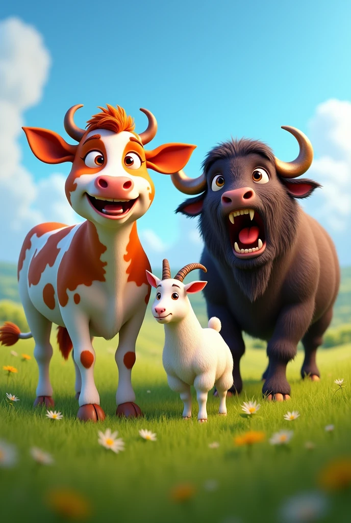 Generate a real image of smiling cow, very angry buffalo and goat eating grass in a field