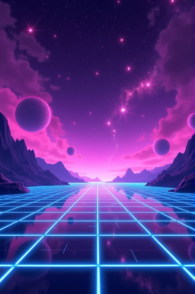 Synthwave background futuristic purple retro stars background with blue perspective grid and sky full of stars