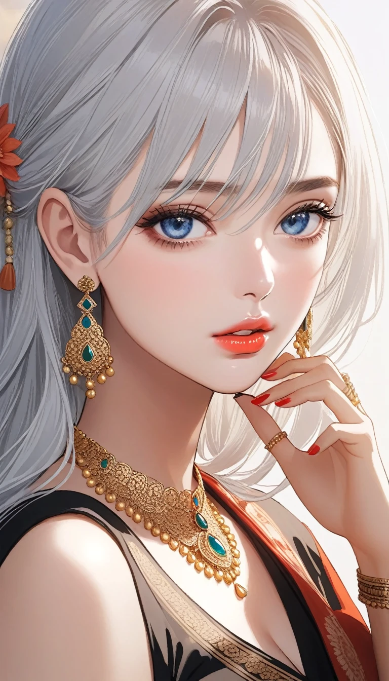 a beautiful young woman sitting on the bonnet of a lamborghini car outside, 1girl, hourglass figure, seductive pose, printed design white kurta and pajma, silky white hair braid, heavy silver jhumka earrings, necklace, anklet, cleavage, detailed face with stunning magenta eyes, full lips, flawless makeup, dark cinematic lighting, dramatic photorealistic effect, masterpiece-level 8k rendering, ultra-detailed, realistic, photo-realistic, hdr, uhd, studio lighting, ultra-fine painting, sharp focus, physically-based rendering, extreme detail description, professional, vivid colors, bokeh, smiling, full body view, bangles