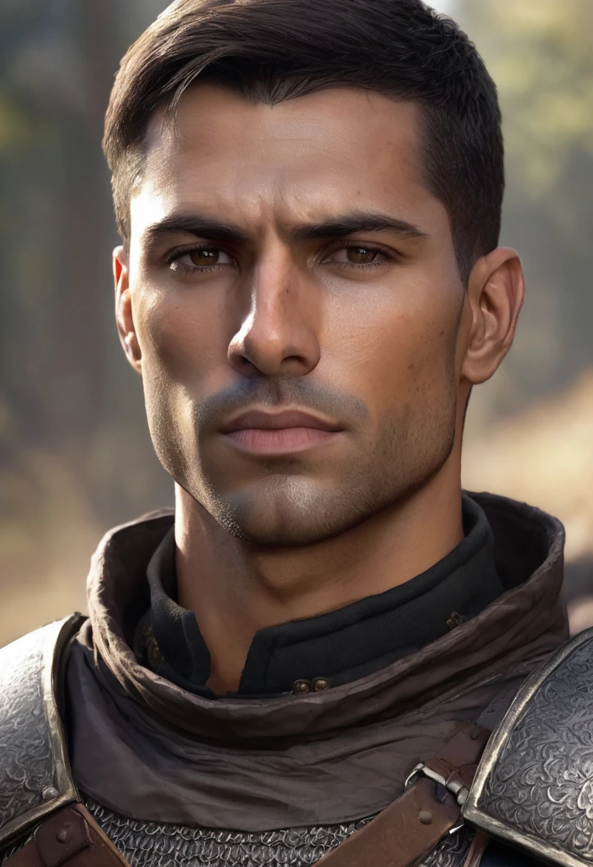 1 man, handsome soldier, background is a training camp, wearing a black medieval male soldier outfit, detailed facial features, masculine brown eyes, detailed dark tan skin, medium length dark brown hair, thick eyebrows, dramatic lighting, cinematic composition, moody light palette, dark colors, atmospheric haze, square jaw, soft face, strong handsome man, adult man, ultra realistic, profile picture, adult man (best quality, 4K, 8K, high resolution, art: 1.2), ultra detailed (realistic, photorealistic, photorealistic: 1.37)